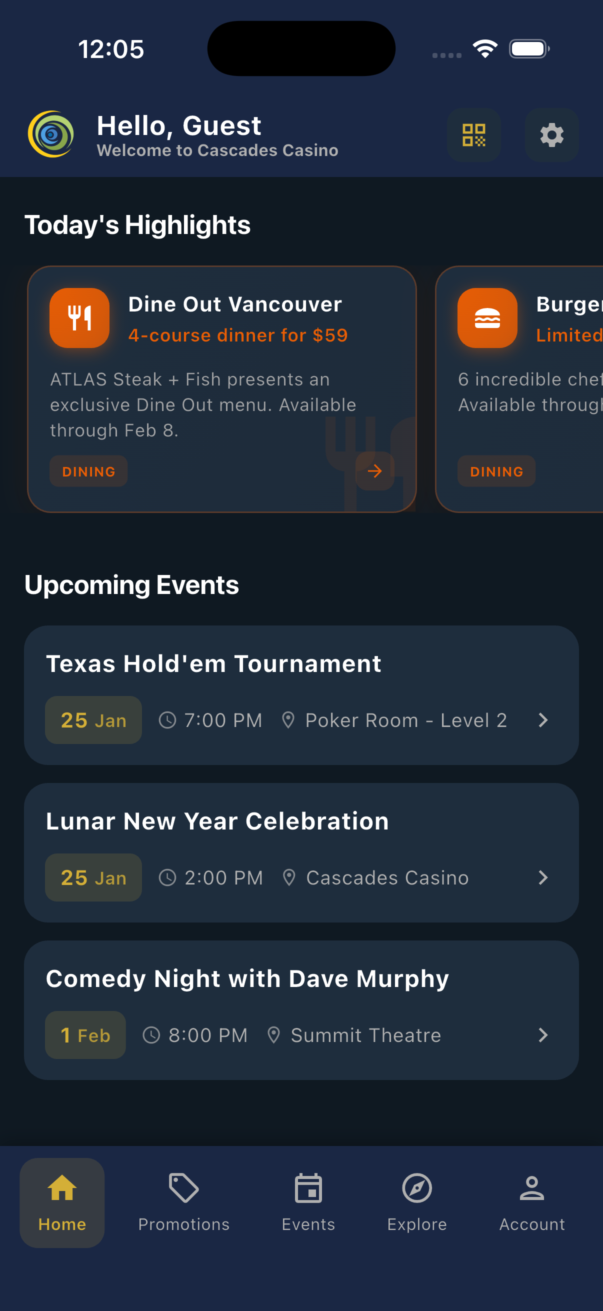Cascades Casino Events App - Promotions